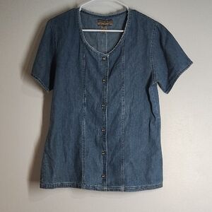 Casual Blue Denim Button-Up Blouse